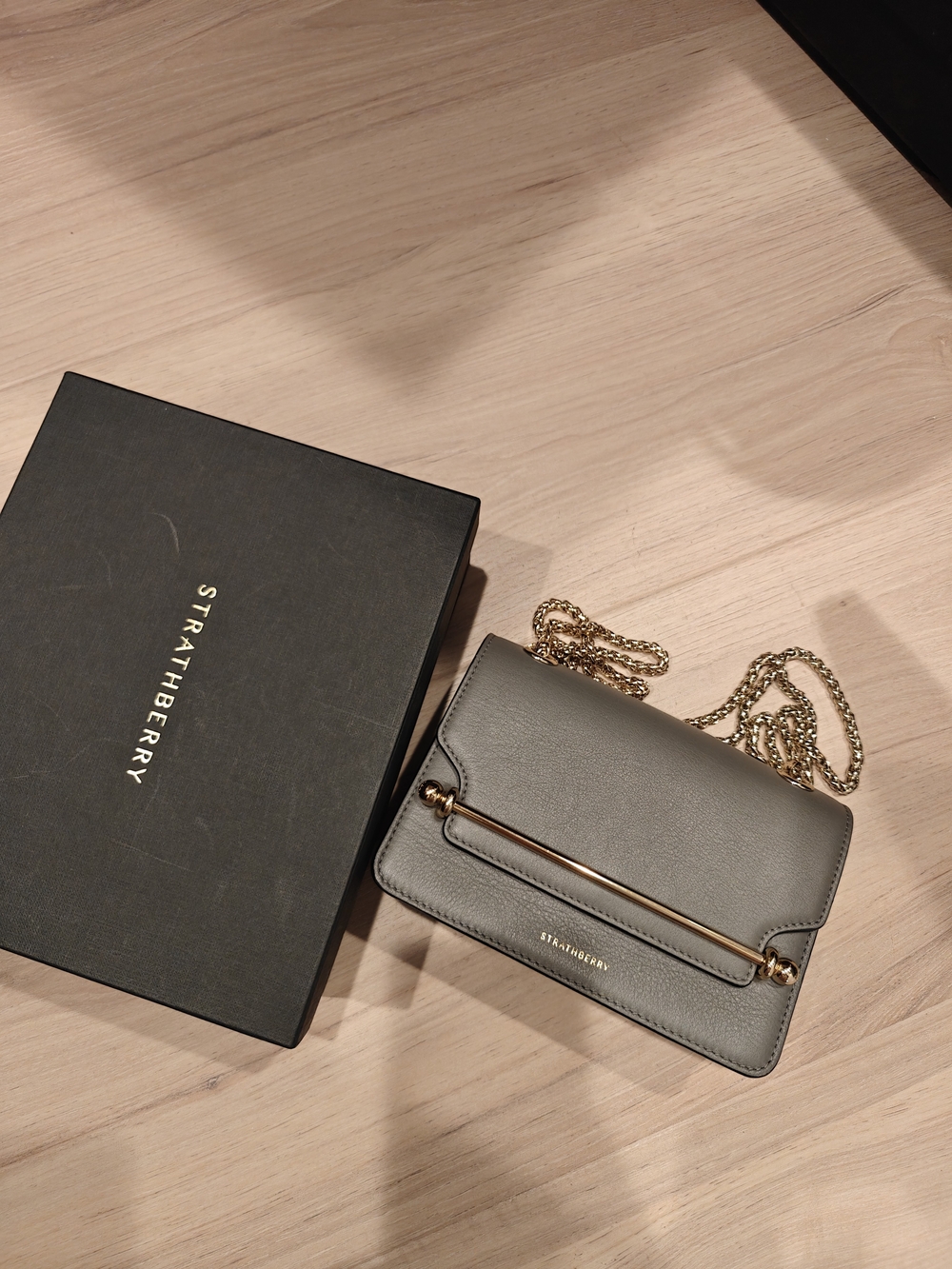Strathberry East West Mini Grey Leather Chain Shoulder Bag